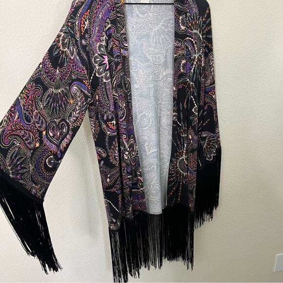 Temple Ro Festival Fringe Robe Kimono Cardigan Open Front Purple Black One Size - Picture 3 of 6